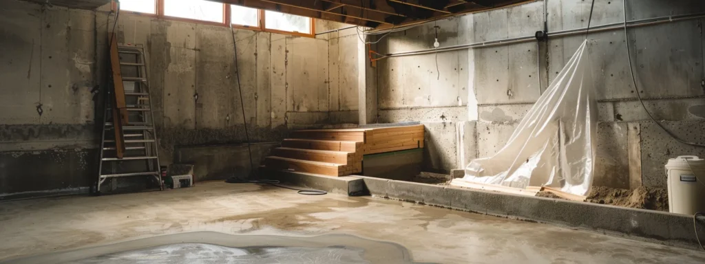 a well-lit residential basement showcases the waterproofing process with exposed concrete walls as contractors diligently apply waterproof membranes, seal cracks with hydraulic cement, and install a french drain, highlighting a clean and professional workspace.