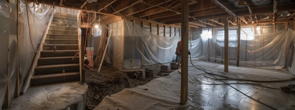 a well-lit, professional basement scene showcases a contractor applying waterproofing membranes to the exposed concrete walls, as another installs a french drain, emphasizing the proactive approach to combat mold issues in rochester homes.