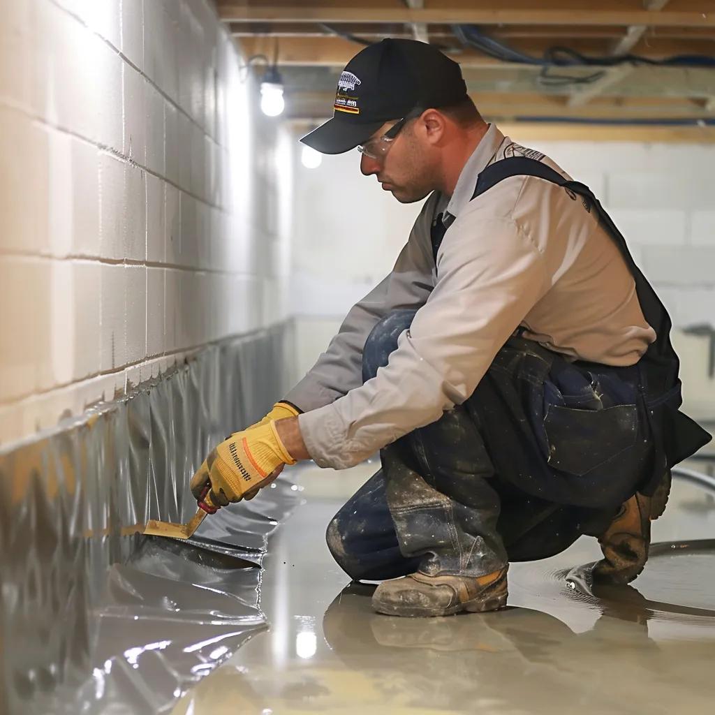 Professional basement waterproofing service showcasing a technician applying waterproofing materials