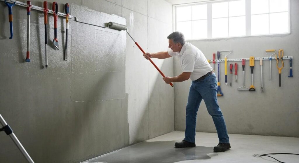 Professional contractor applying basement sealing techniques in a well-lit environment