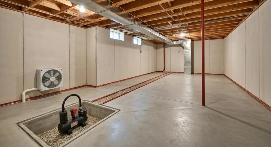 Interior view of a waterproofed basement featuring a sump pump and drainage system, emphasizing moisture control solutions