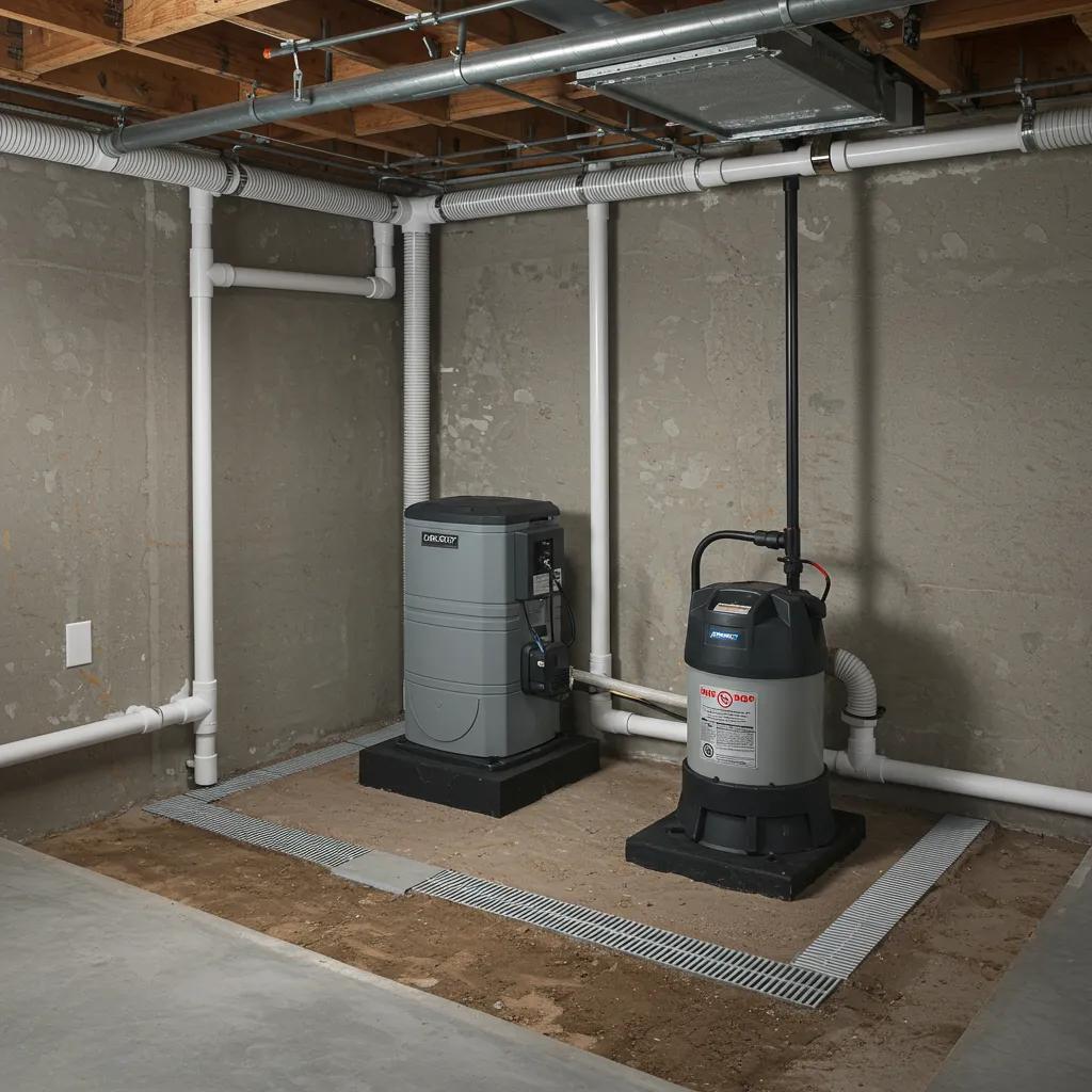 Effective basement drainage system with sump pump and French drain in a residential setting