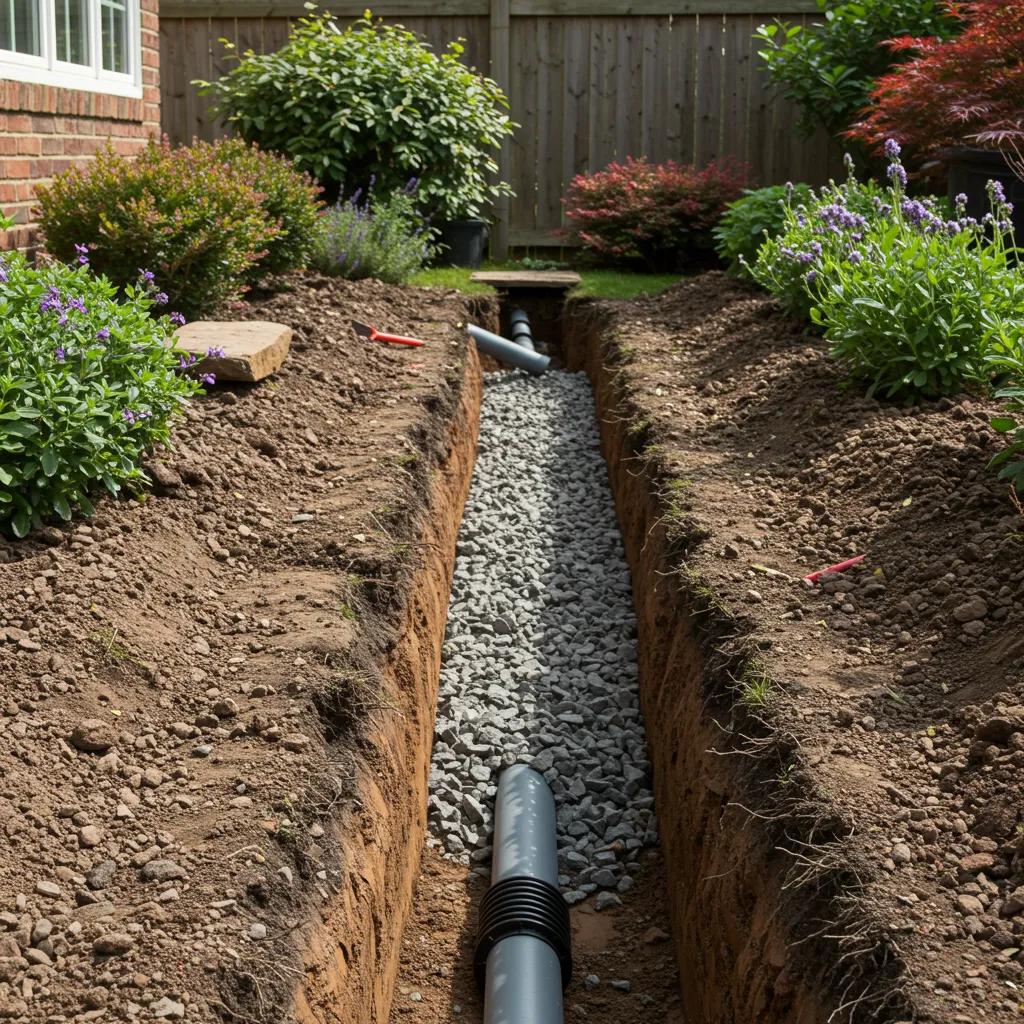 French drain installation showing trench, gravel, and perforated pipe in a residential yard