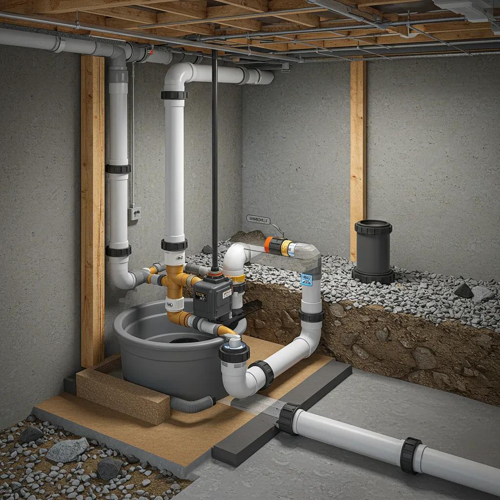 Interior drainage system components including sump pump, drain pipe, and gravel bed in a basement